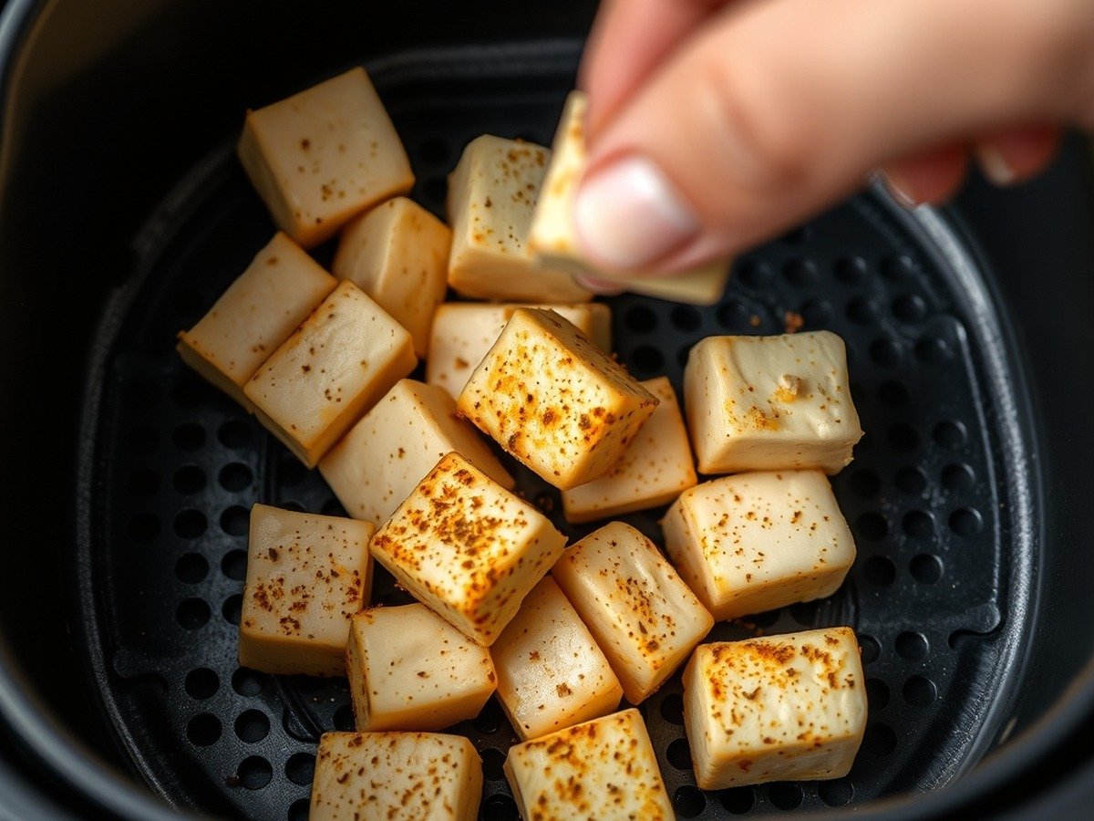 how to cook frozen tofu in air fryer plating and garnish - Close-up action shot of placing seasoned tofu cubes into a preheated air fryer basket for how to coo