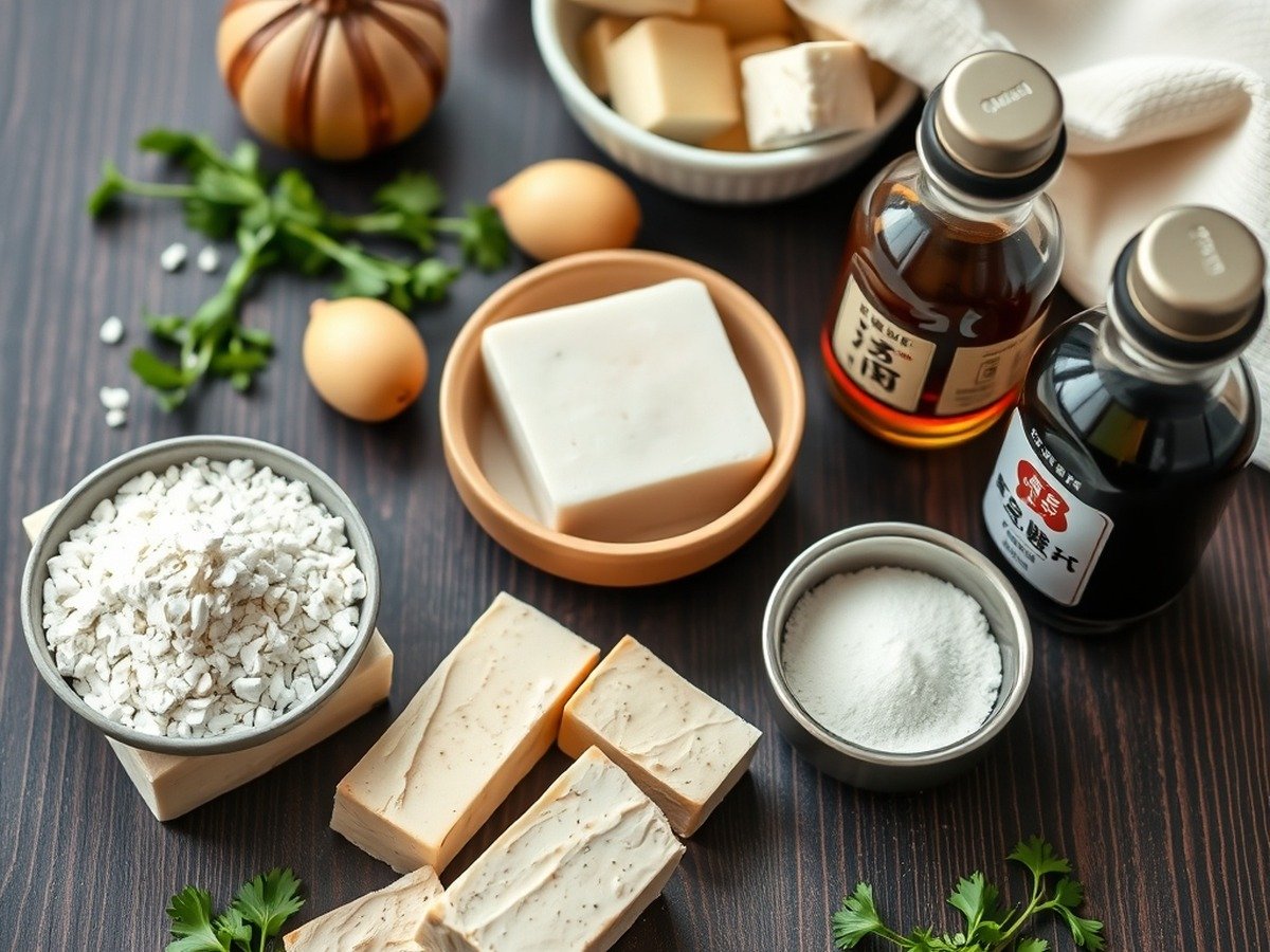 how to cook frozen tofu in air fryer preparation close-up - Beautifully organized flatlay of ingredients for how to cook frozen tofu in air fryer, featuring a b