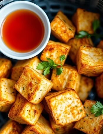 how to cook frozen tofu in air fryer recipe hero presentation - Stunning photorealistic hero shot of how to cook frozen tofu in air fryer, showing golden crispy cub