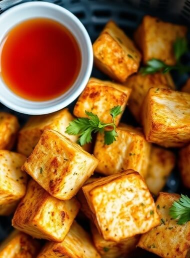how to cook frozen tofu in air fryer recipe hero presentation - Stunning photorealistic hero shot of how to cook frozen tofu in air fryer, showing golden crispy cub