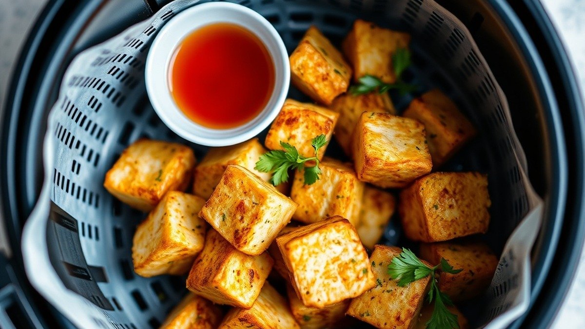 how to cook frozen tofu in air fryer recipe hero presentation - Stunning photorealistic hero shot of how to cook frozen tofu in air fryer, showing golden crispy cub