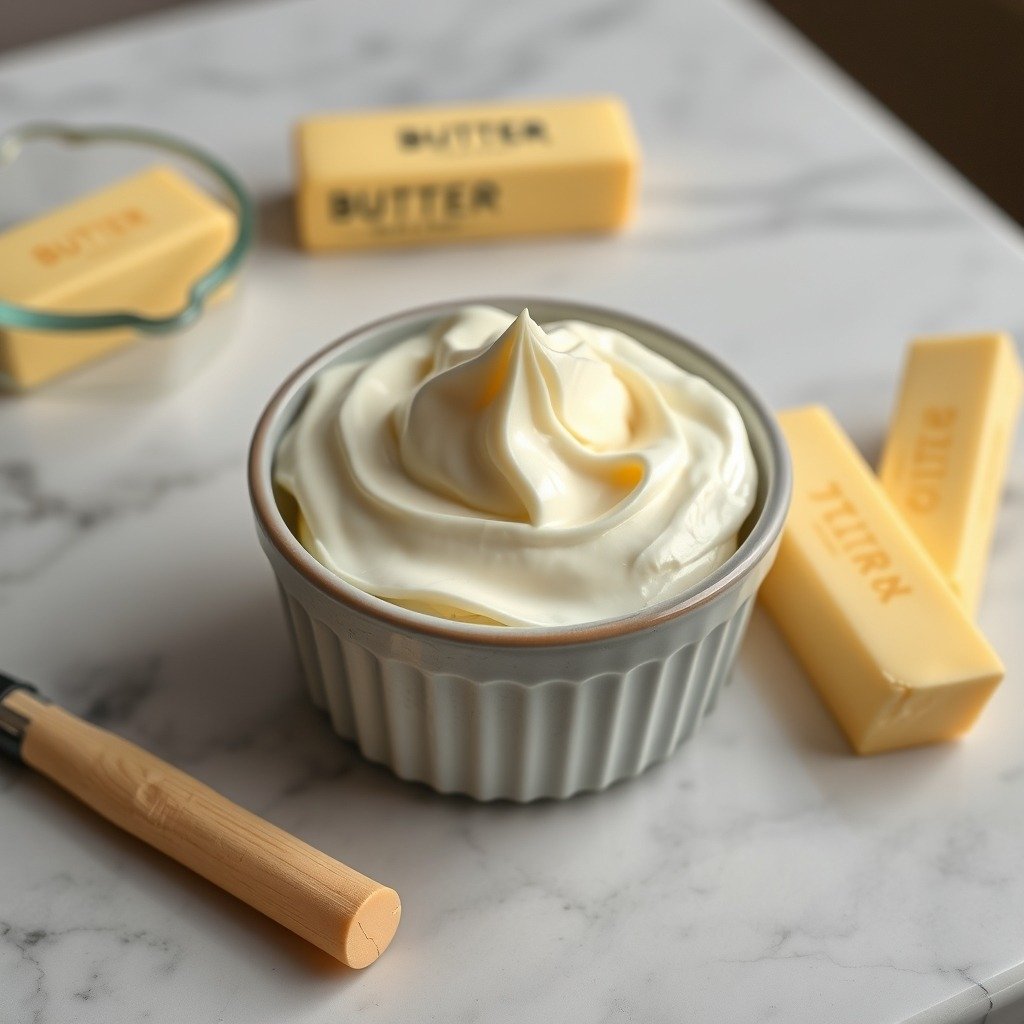 How to Fix Runny Buttercream in Advance cooking process - A bowl of soft, melting buttercream frosting resting next to sticks of fresh yellow butter and a mea