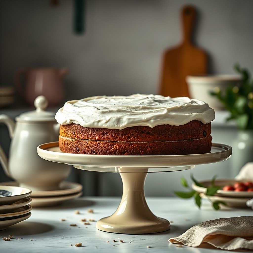 How to Fix Runny Buttercream in Advance final dish overhead - A finished frosted layer cake sitting on a vintage cake stand, surrounded by soft lighting and minim