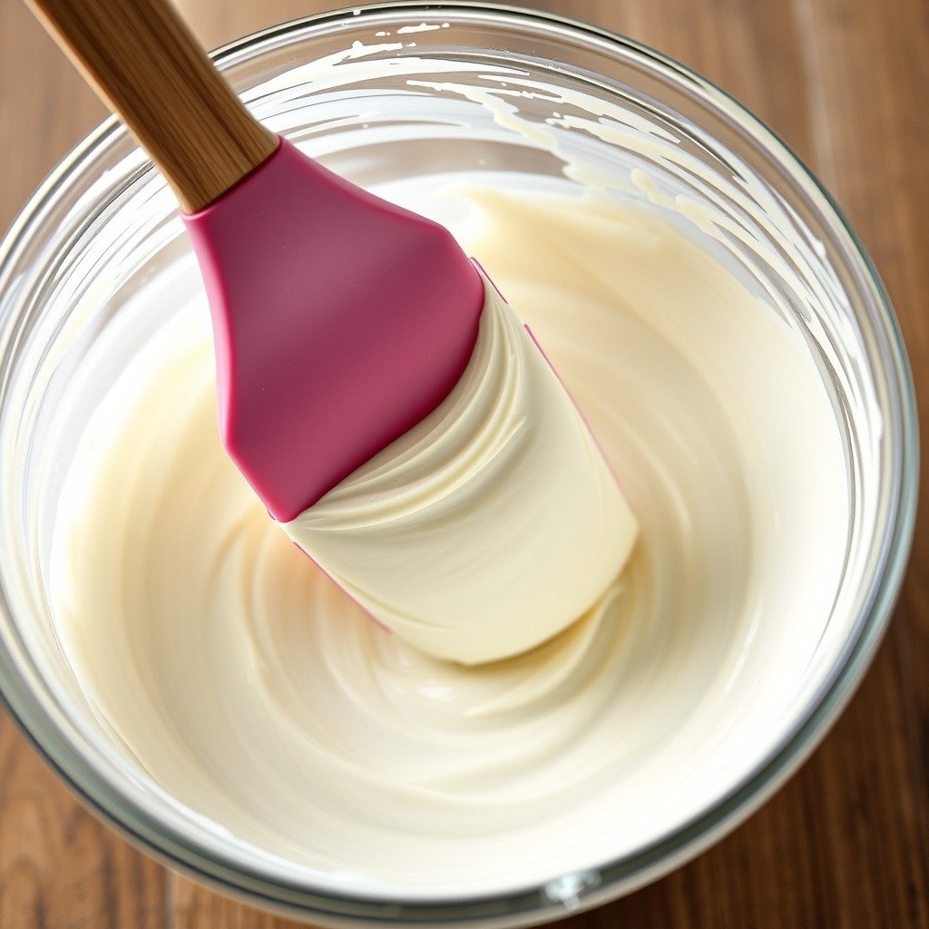 How to Fix Runny Buttercream in Advance plating and garnish - A clean silicone spatula scraping down the sides of a glass bowl containing creamy, perfectly emulsi