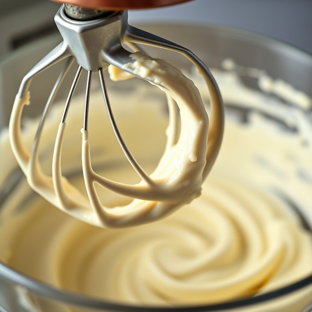 How to Fix Runny Buttercream in Advance preparation close-up - Close-up macro shot of a stand mixer paddle attachment whipping a rich batch of vanilla buttercream,