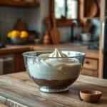 How to Fix Runny Buttercream in Advance recipe hero presentation - A stainless steel mixing bowl filled with smooth, glossy buttercream frosting on a rustic wooden kit