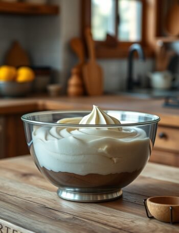 How to Fix Runny Buttercream in Advance recipe hero presentation - A stainless steel mixing bowl filled with smooth, glossy buttercream frosting on a rustic wooden kit