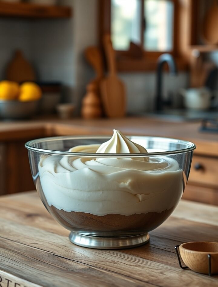 How to Fix Runny Buttercream in Advance recipe hero presentation - A stainless steel mixing bowl filled with smooth, glossy buttercream frosting on a rustic wooden kit