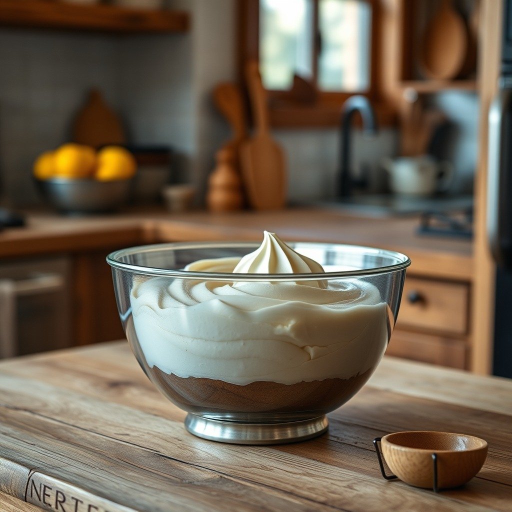 How to Fix Runny Buttercream in Advance recipe hero presentation - A stainless steel mixing bowl filled with smooth, glossy buttercream frosting on a rustic wooden kit
