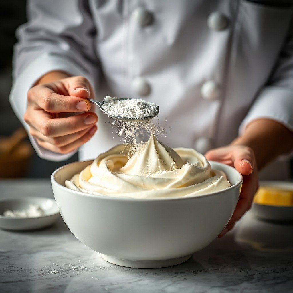 how to fix runny buttercream without icing sugar cooking process - Action shot of a chef sifting cornstarch into a bowl of soft, whipped buttercream.