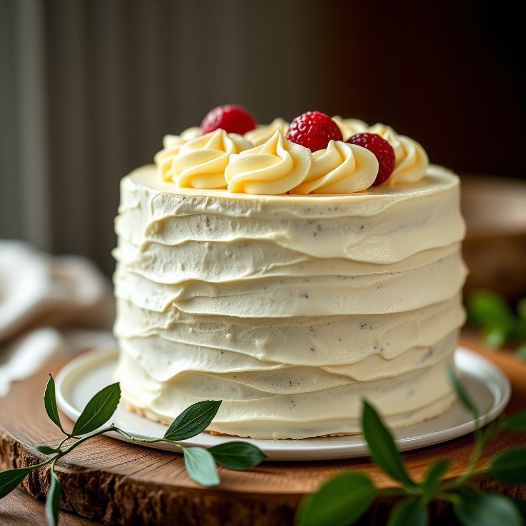 how to fix runny buttercream without icing sugar final dish overhead - Final styled shot of a decorated layer cake featuring stable, flawless buttercream frosting.