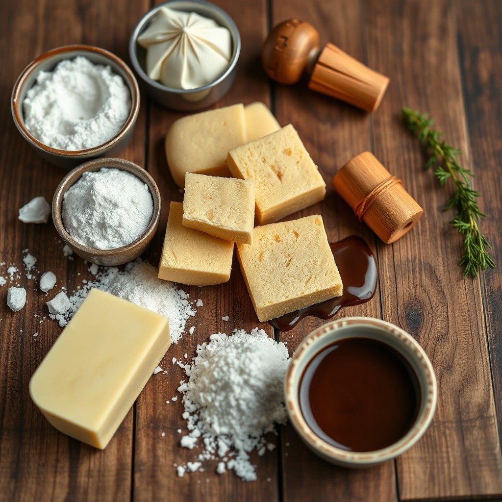how to fix runny buttercream without icing sugar preparation close-up - Beautifully organized flatlay of ingredients including butter, cornstarch, and melted chocolate on a