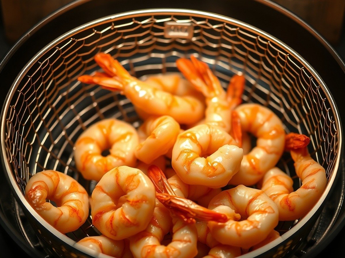 How to reheat air fryer shrimp? cooking process - Overhead shot of an open air fryer basket with succulent pink shrimp inside, glowing heating element
