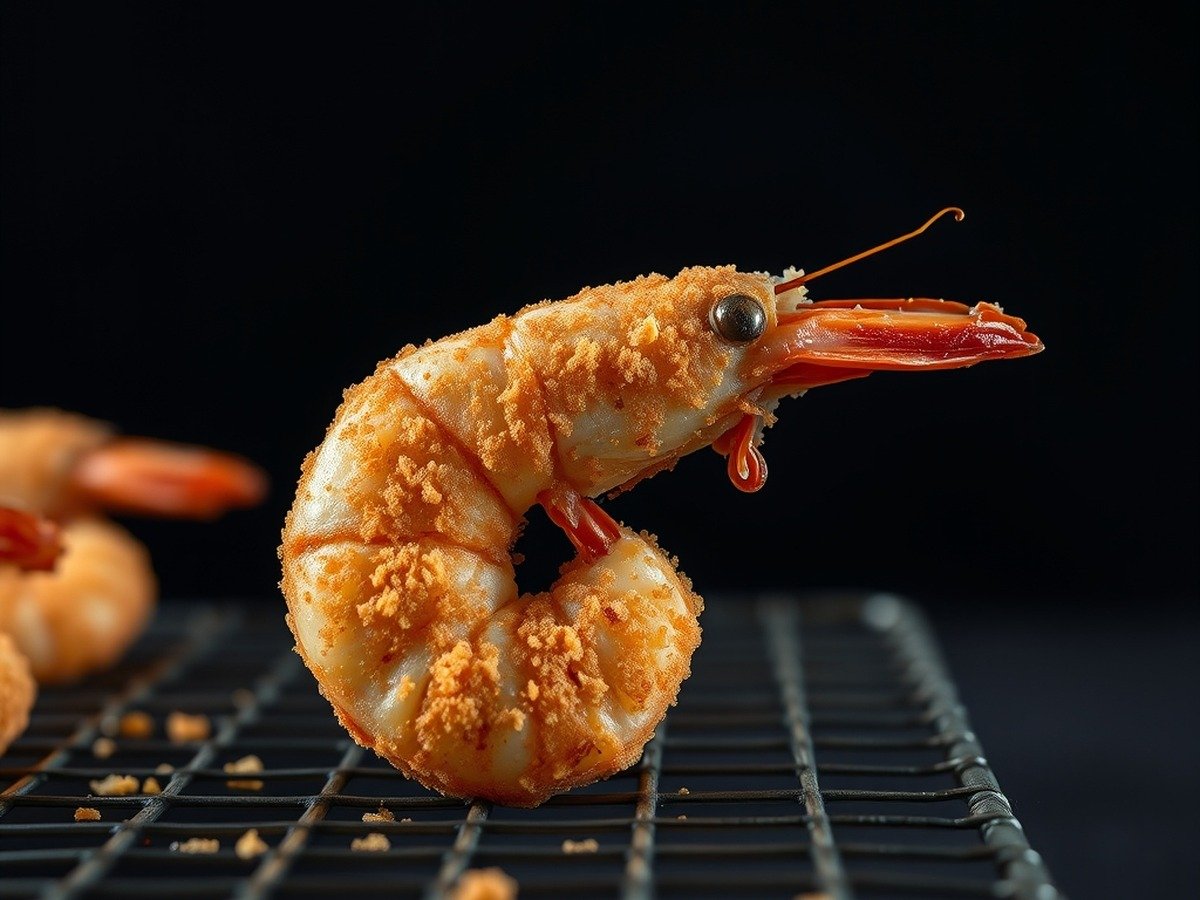 How to reheat air fryer shrimp? final dish overhead - Close-up side view of a golden-brown breaded shrimp resting on a wire cooling rack, crunchy texture