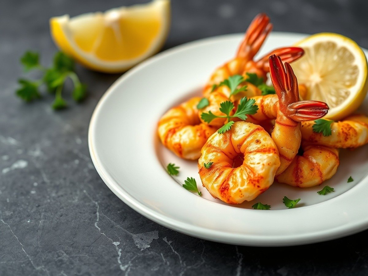 How to reheat air fryer shrimp? plating and garnish - A ceramic plate holding perfectly reheated air fryer shrimp garnished with fresh chopped parsley and