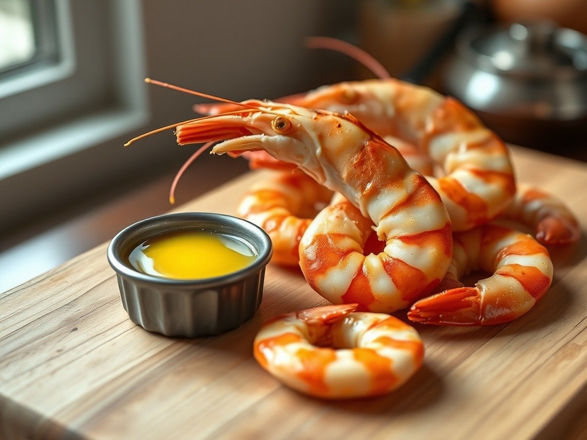 How to reheat air fryer shrimp? preparation close-up - A clean wooden cutting board featuring plump reheated shrimp next to a small dish of garlic butter,