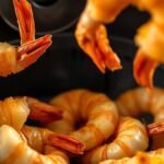 How to reheat air fryer shrimp? recipe hero presentation - Close-up food photography of golden crispy shrimp being arranged in a black air fryer basket, steam
