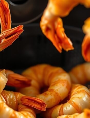 How to reheat air fryer shrimp? recipe hero presentation - Close-up food photography of golden crispy shrimp being arranged in a black air fryer basket, steam