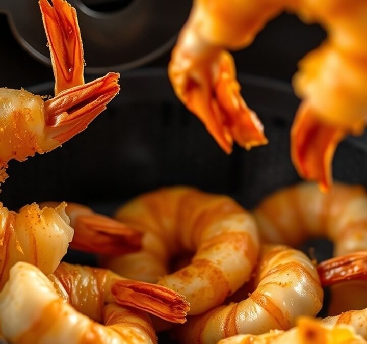 How to reheat air fryer shrimp? recipe hero presentation - Close-up food photography of golden crispy shrimp being arranged in a black air fryer basket, steam