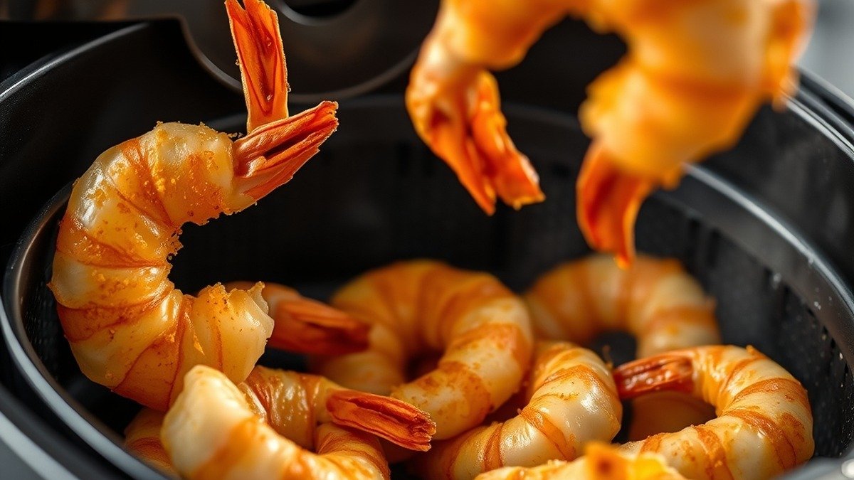 How to reheat air fryer shrimp? recipe hero presentation - Close-up food photography of golden crispy shrimp being arranged in a black air fryer basket, steam