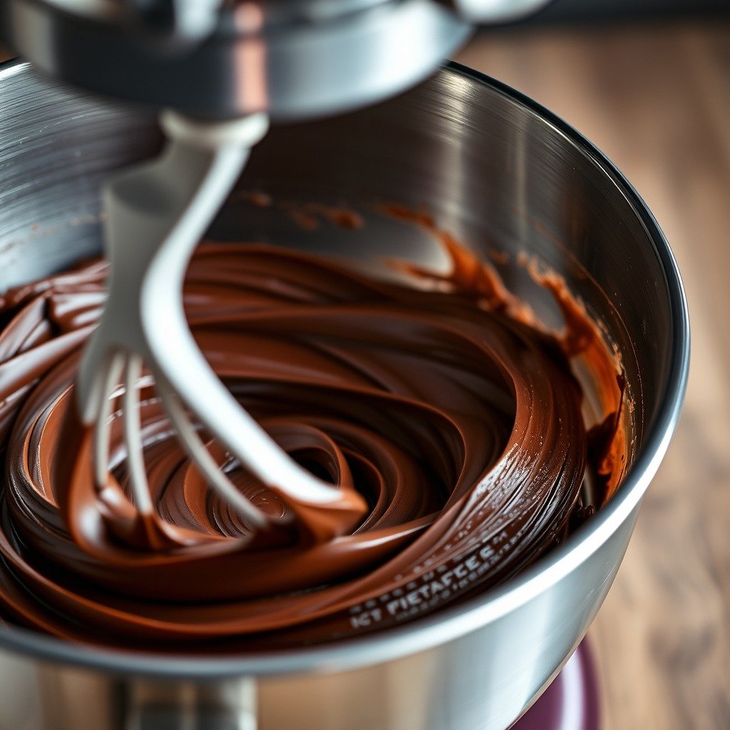Secrets to Fixing Runny Buttercream Without Icing Sugar cooking process - A bowl of rich chocolate buttercream frosting being whipped in a silver stand mixer bowl, highly det