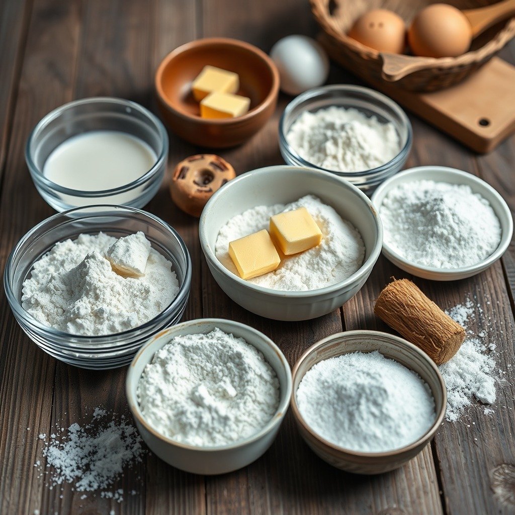 Secrets to Fixing Runny Buttercream Without Icing Sugar final dish overhead - Various baking ingredients including bowls of butter, milk powder, and starches arranged neatly on a