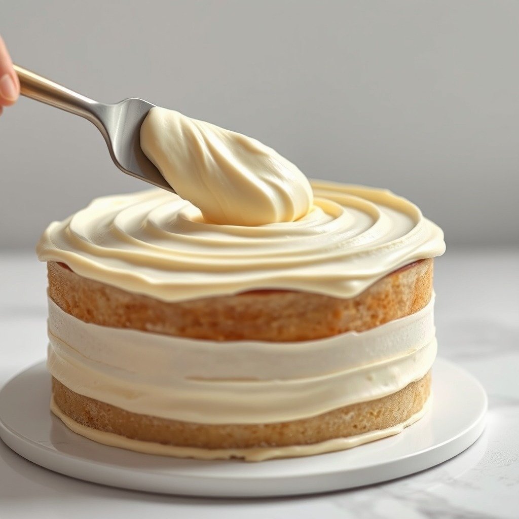 Secrets to Fixing Runny Buttercream Without Icing Sugar plating and garnish - A spatula spreading smooth buttercream frosting evenly over a delicate vanilla layer cake, side view