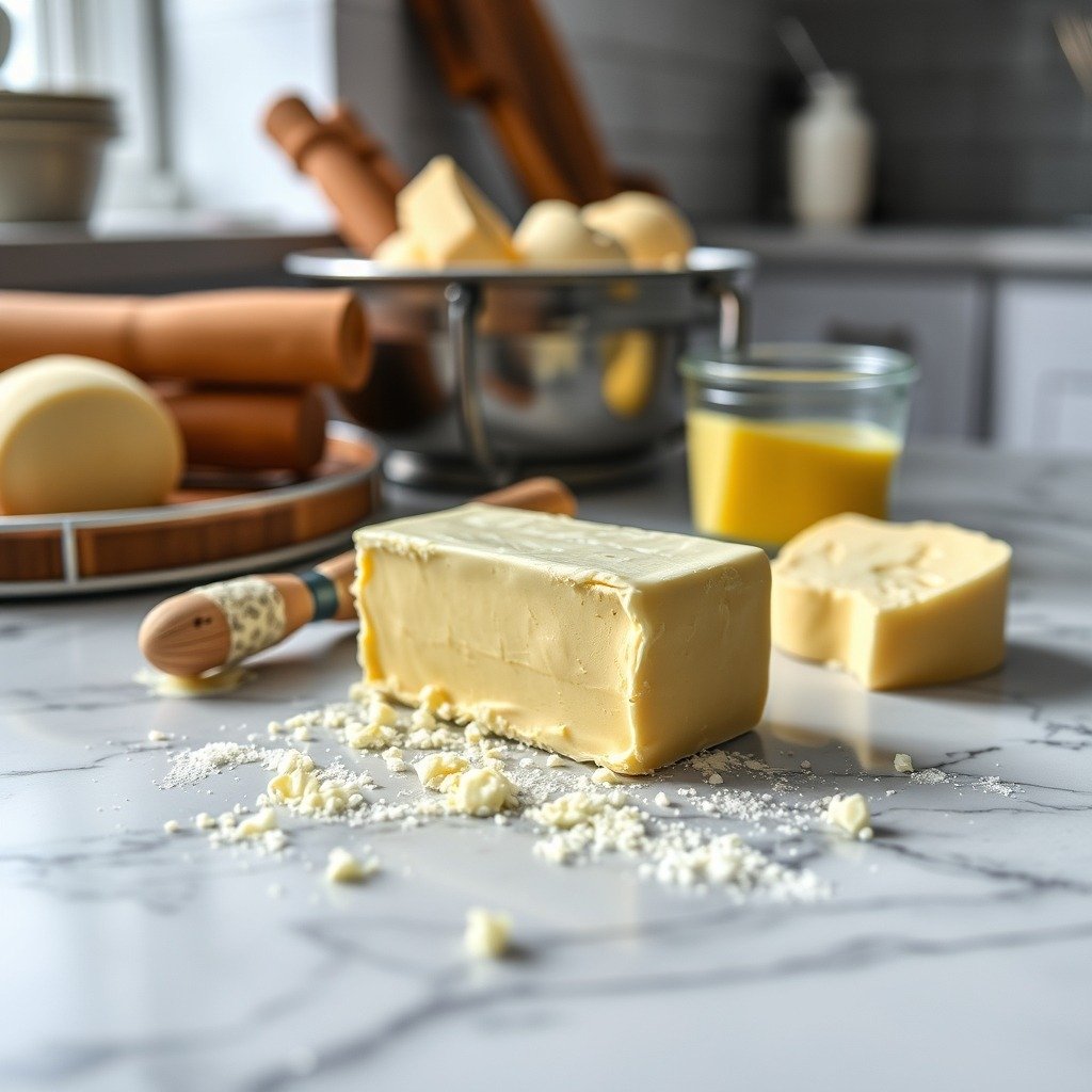 Secrets to Fixing Runny Buttercream Without Icing Sugar preparation close-up - Close up of butter and baking tools on a marble kitchen counter, professional food photography, natu