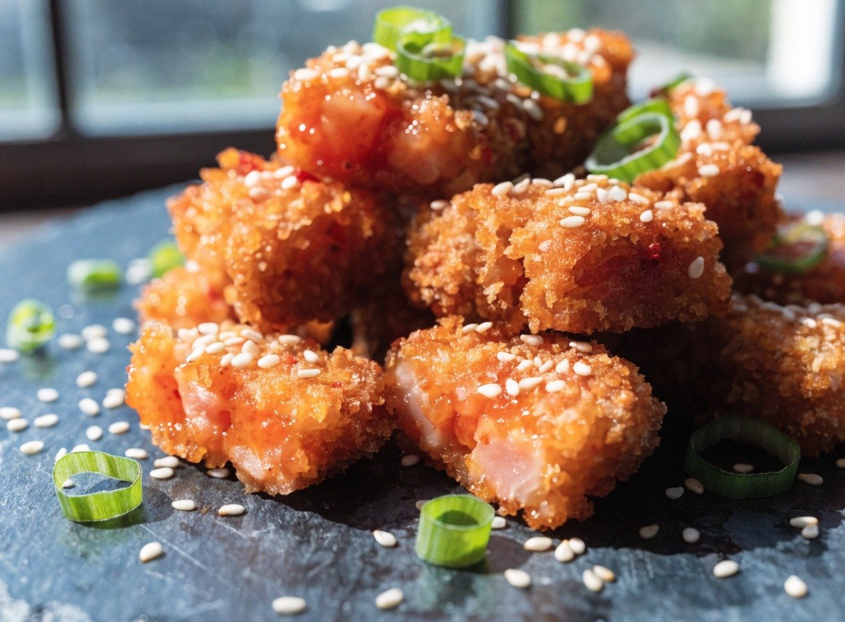 spicy crunch tuna crispy rice bites - Stunning photorealistic hero shot of spicy crunch tuna crispy rice bites on a dark slate plate, garnished with sliced gr