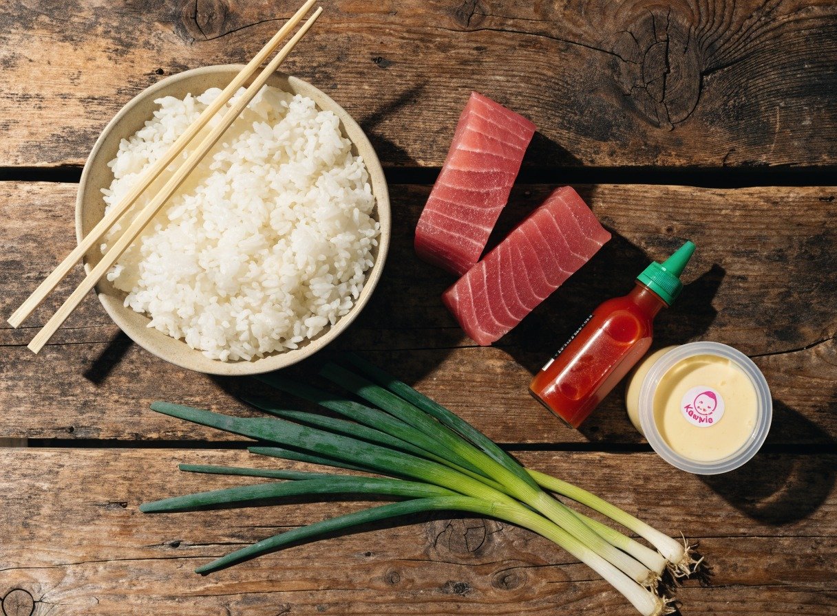 spicy crunch tuna crispy rice bites - Beautifully organized flatlay of ingredients including white sushi rice, raw tuna steaks, sriracha, kewpie mayo, and fre
