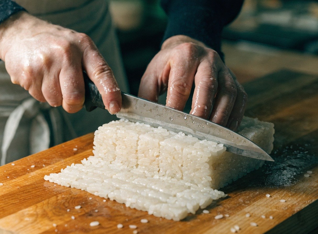 spicy crunch tuna crispy rice bites - Action shot of a chef's hands slicing a chilled block of sushi rice into neat, even rectangular pieces on a wooden cutti