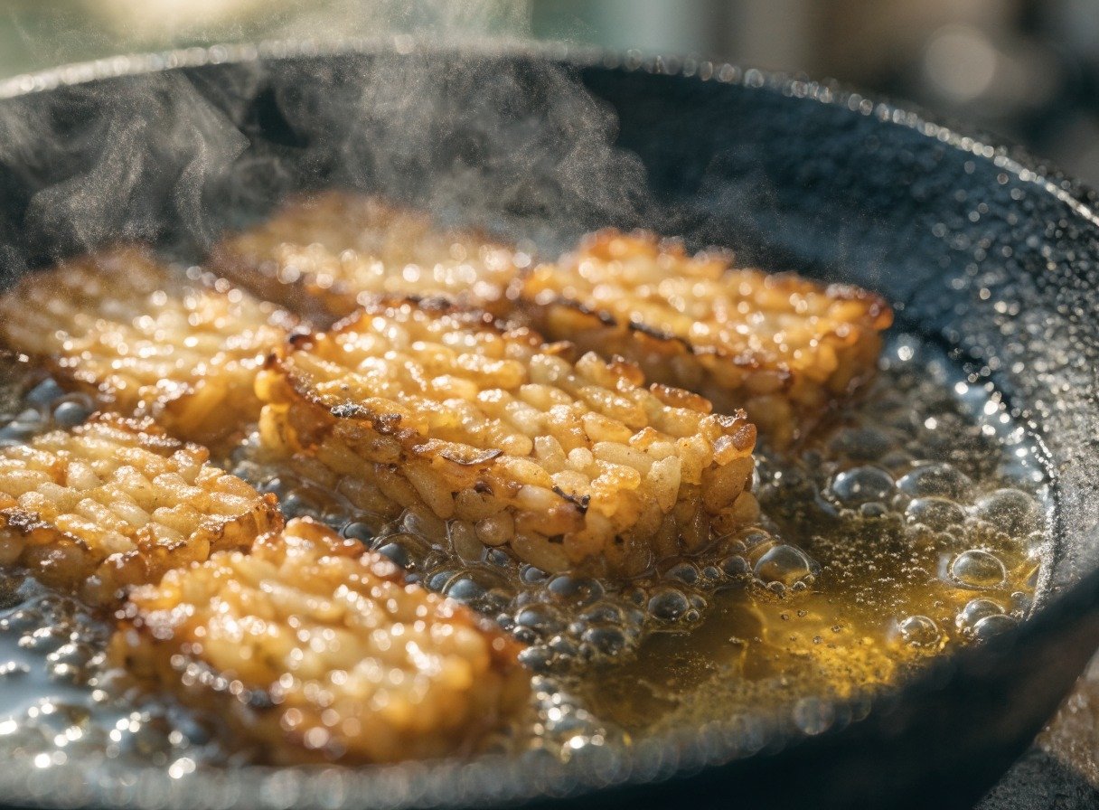 spicy crunch tuna crispy rice bites - Close-up shot of crispy rice rectangles sizzling in a cast-iron skillet with hot golden oil, captured with a shallow dep