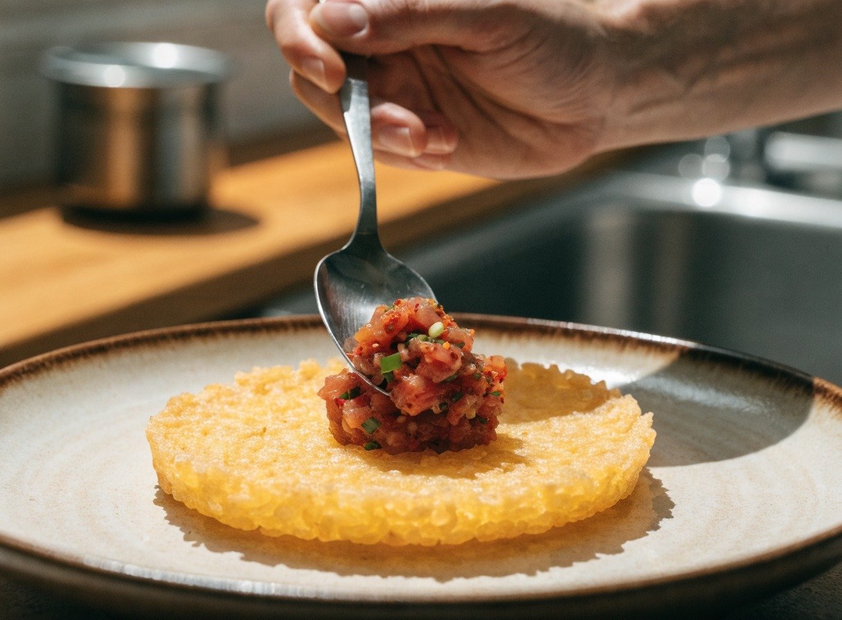 spicy crunch tuna crispy rice bites - Step-by-step assembly shot showing a spoon placing a dollop of spicy tuna tartare onto a freshly fried golden rice cake.