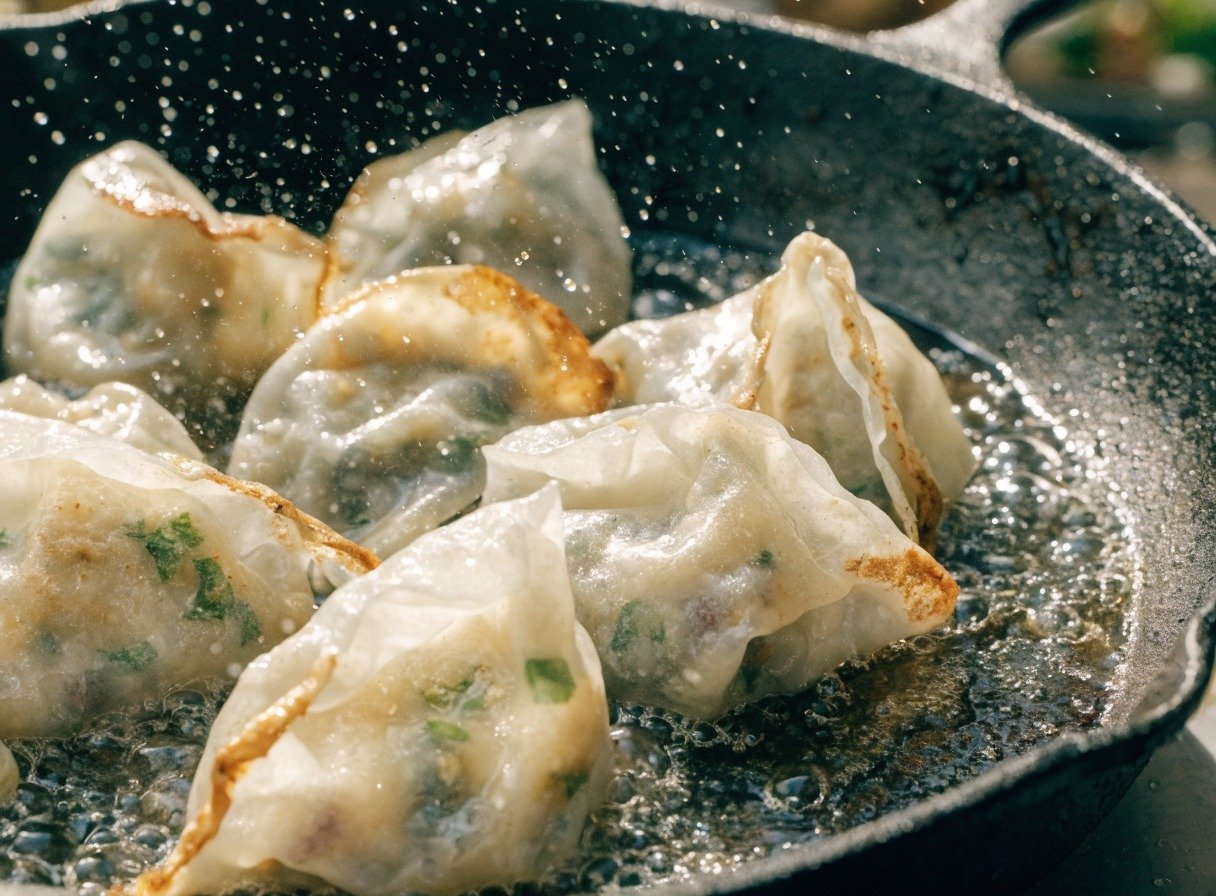 What is the best filling for rice paper dumplings? final dish overhead - Close-up shot of rice paper dumplings sizzling in a cast-iron skillet with golden brown edges.