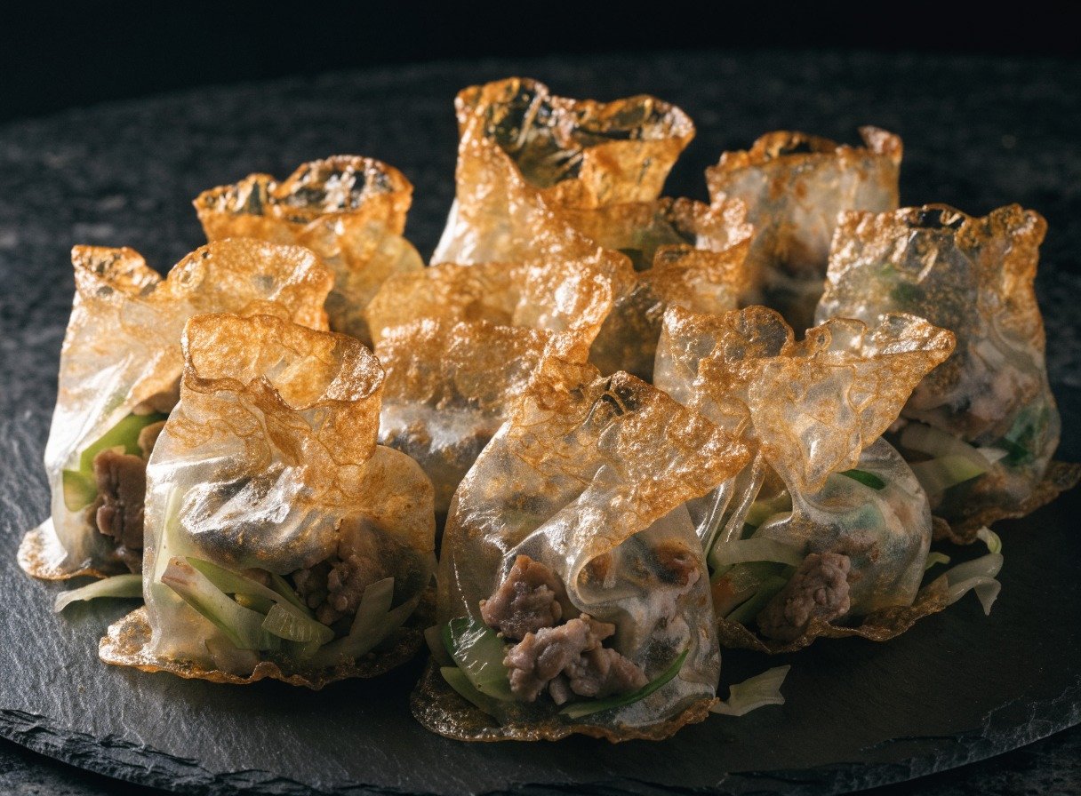 What is the best filling for rice paper dumplings? recipe hero presentation - Stunning photorealistic hero shot of crispy golden rice paper dumplings filled with savory pork and