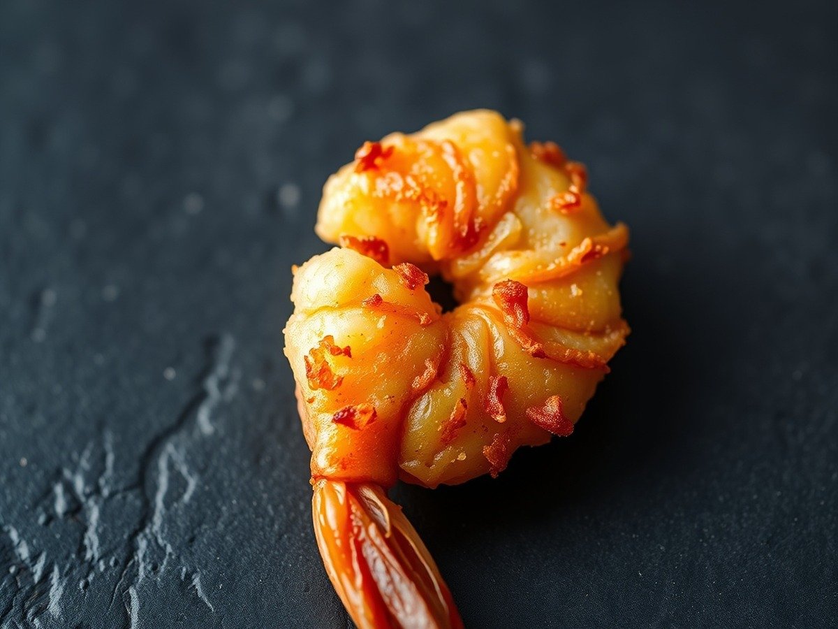 What is the secret to crispy air fryer frozen shrimp? cooking process - Macro food photography of a single perfectly cooked, golden-brown crispy air fryer shrimp showing te