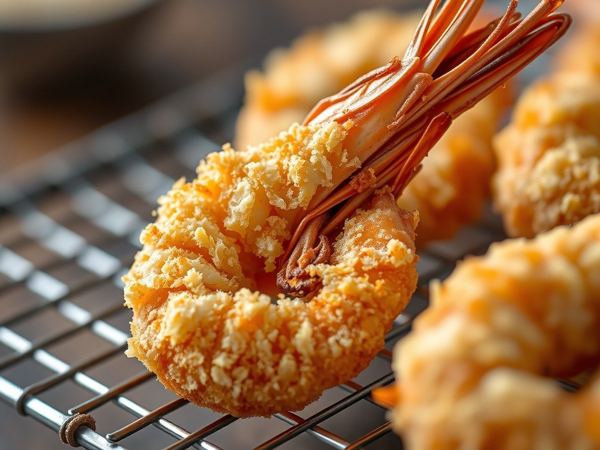 What is the secret to crispy air fryer frozen shrimp? final dish overhead - Close-up of crispy breaded shrimp fresh from the air fryer on a wire cooling rack, showing extreme d