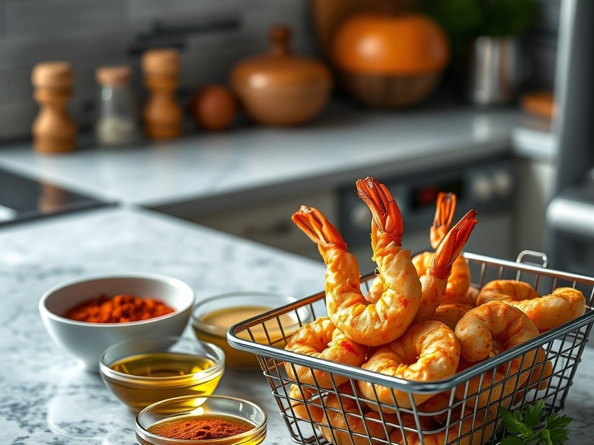 What is the secret to crispy air fryer frozen shrimp? plating and garnish - A clean kitchen counter setup displaying bowls of spices, oil, and a basket of golden air fryer shri