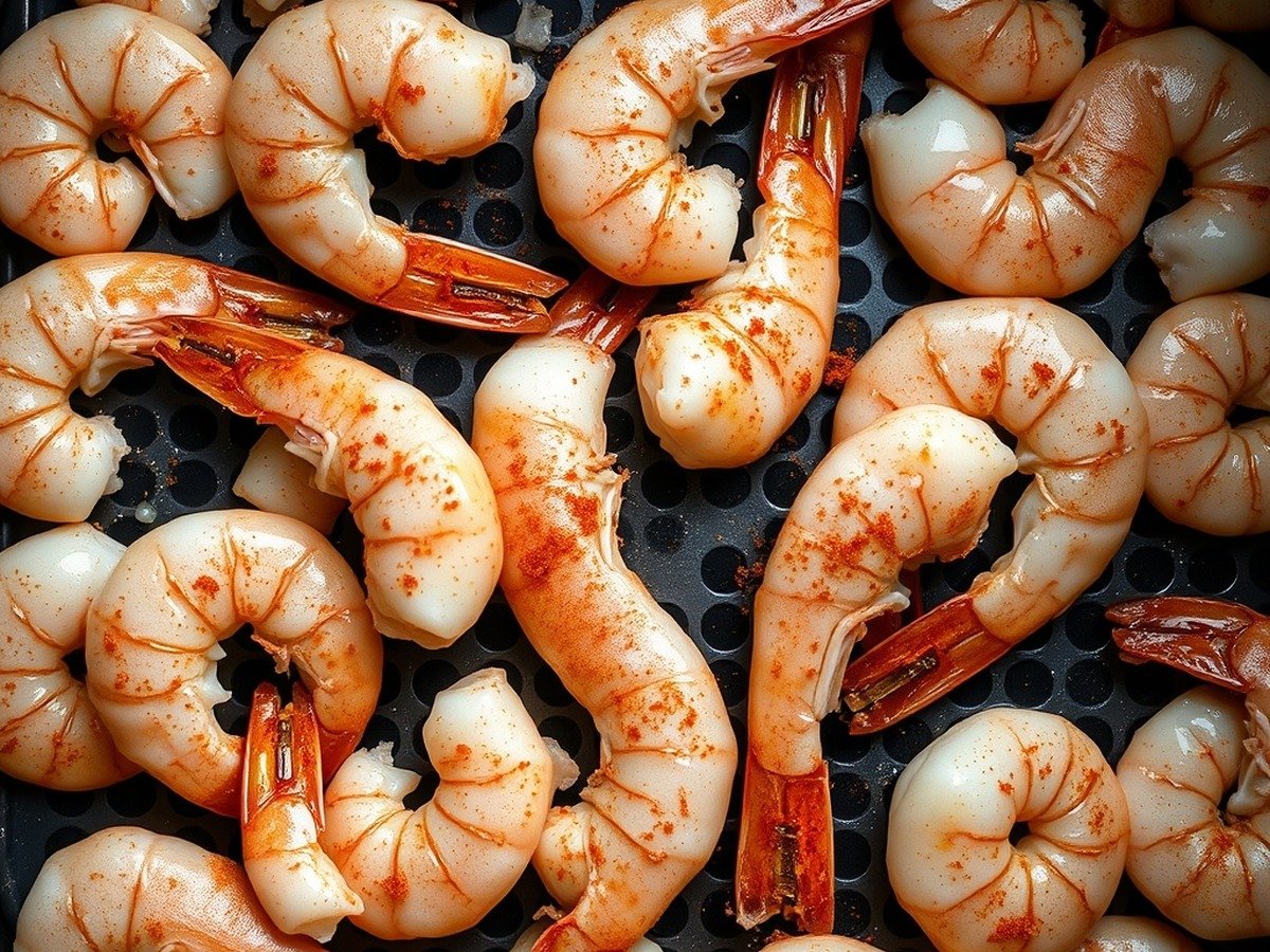 What is the secret to crispy air fryer frozen shrimp? preparation close-up - Overhead shot of raw frozen shrimp coated in light oil and spices spread out evenly in an air fryer
