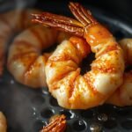 What is the secret to crispy air fryer frozen shrimp? recipe hero presentation - Photorealistic close-up of crispy seasoned frozen shrimp being cooked inside a modern black air frye