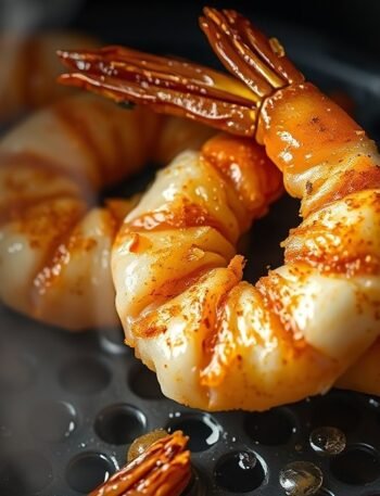 What is the secret to crispy air fryer frozen shrimp? recipe hero presentation - Photorealistic close-up of crispy seasoned frozen shrimp being cooked inside a modern black air frye