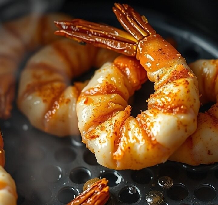 What is the secret to crispy air fryer frozen shrimp? recipe hero presentation - Photorealistic close-up of crispy seasoned frozen shrimp being cooked inside a modern black air frye