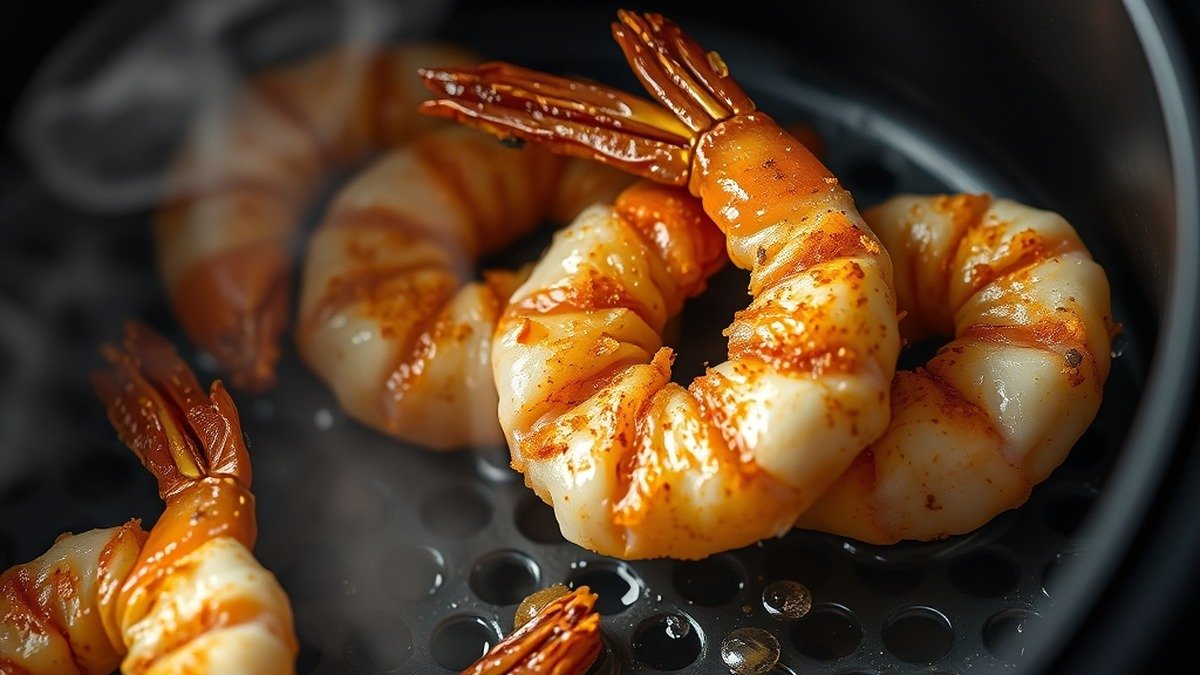What is the secret to crispy air fryer frozen shrimp? recipe hero presentation - Photorealistic close-up of crispy seasoned frozen shrimp being cooked inside a modern black air frye