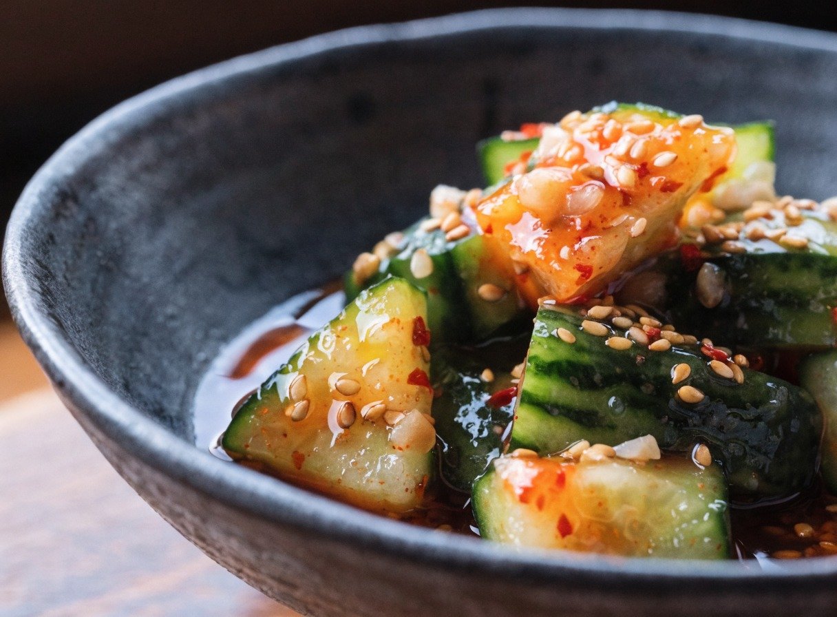 Why do you smash cucumbers in a salad? - Stunning photorealistic hero shot of smashed cucumber salad in a dark ceramic bowl, glistening with chili oil, garlic bi