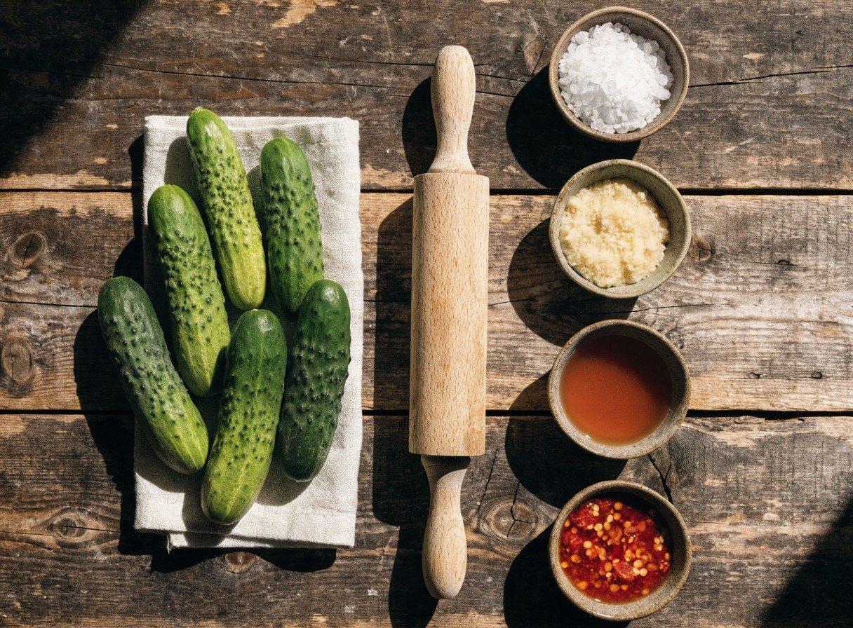 Why do you smash cucumbers in a salad? - Beautifully organized flatlay of fresh Persian cucumbers, a wooden rolling pin, flaky sea salt, minced garlic, rice vine