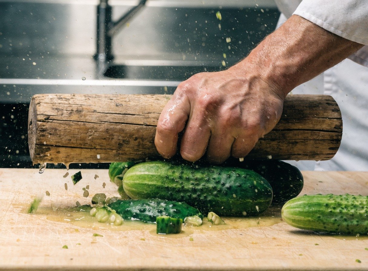 Why do you smash cucumbers in a salad? - Action shot of a chef's hand using a heavy wooden rolling pin to smash fresh green cucumbers on a cutting board, with vi