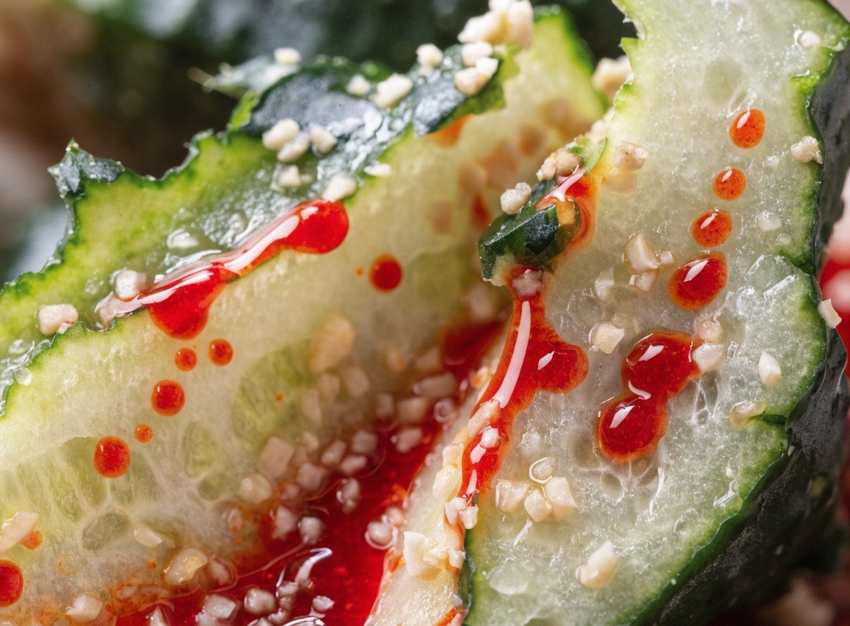 Why do you smash cucumbers in a salad? - Close-up detail shot of jagged, torn cucumber flesh showing how rough edges absorb droplets of bright red chili oil and