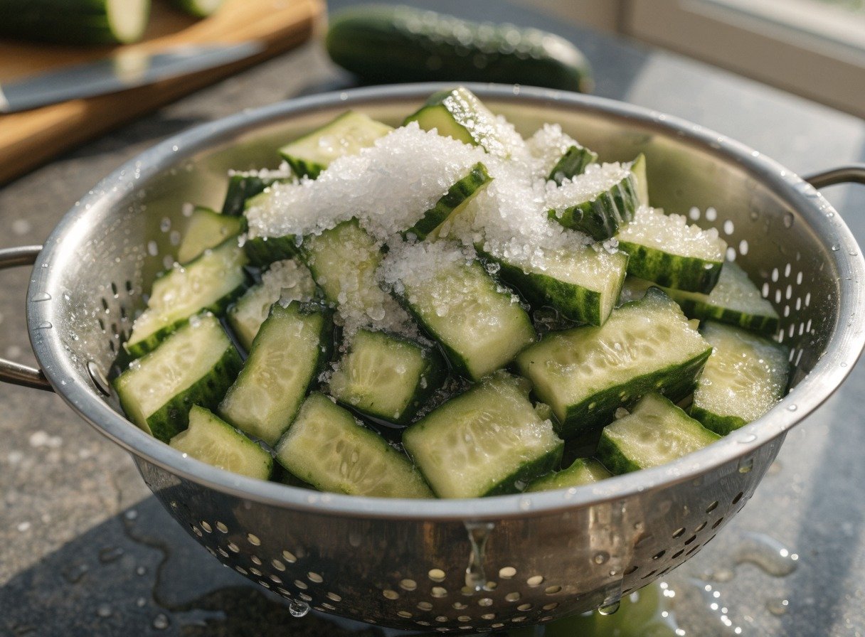 Why do you smash cucumbers in a salad? - Step-by-step assembly shot of freshly chopped smashed cucumbers draining in a metal colander with coarse salt crystals s