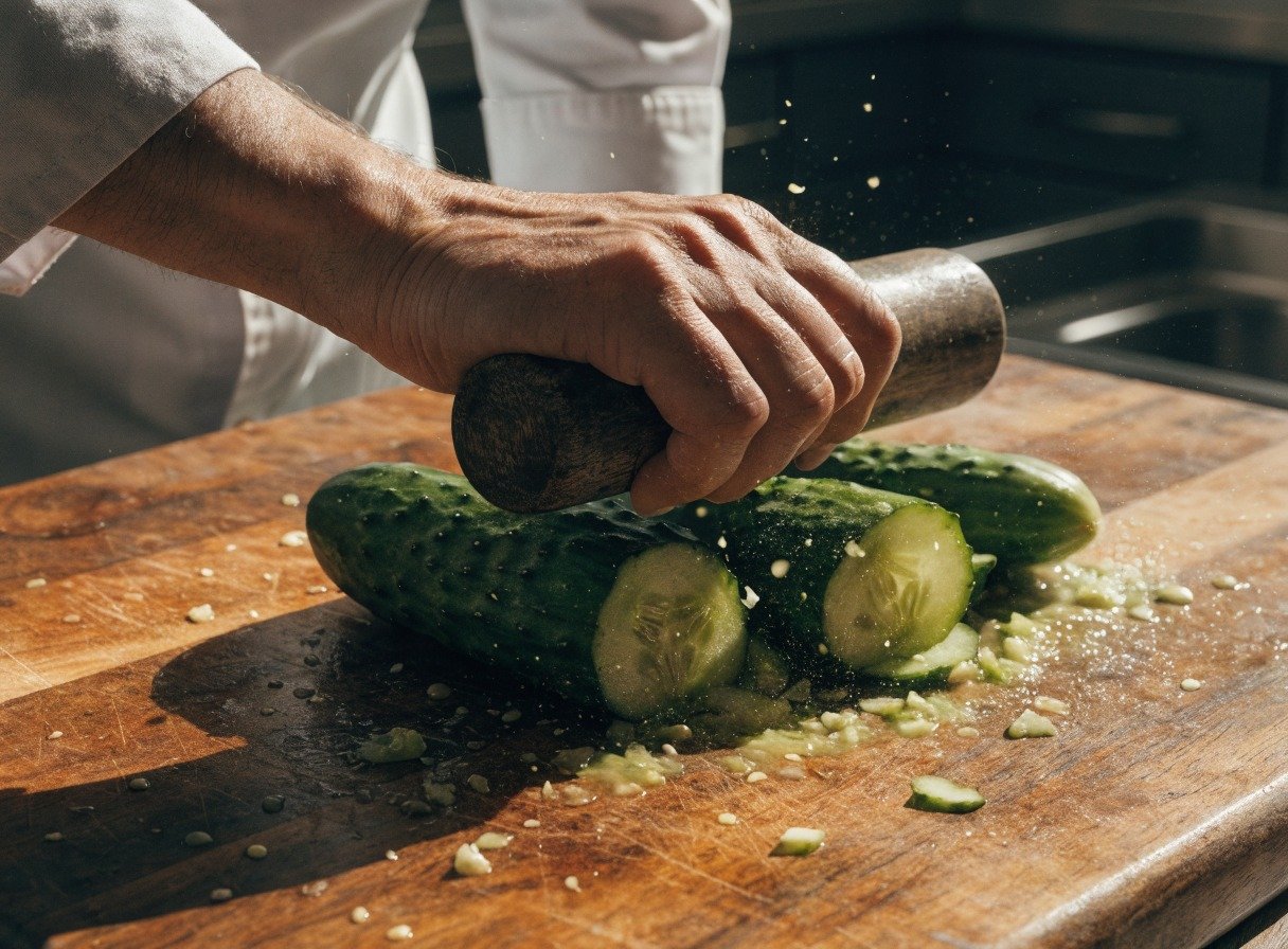 Why do you smash cucumbers in a salad? cooking process - Action shot of a chef's hand using a heavy rolling pin to smash fresh green cucumbers on a wooden cu