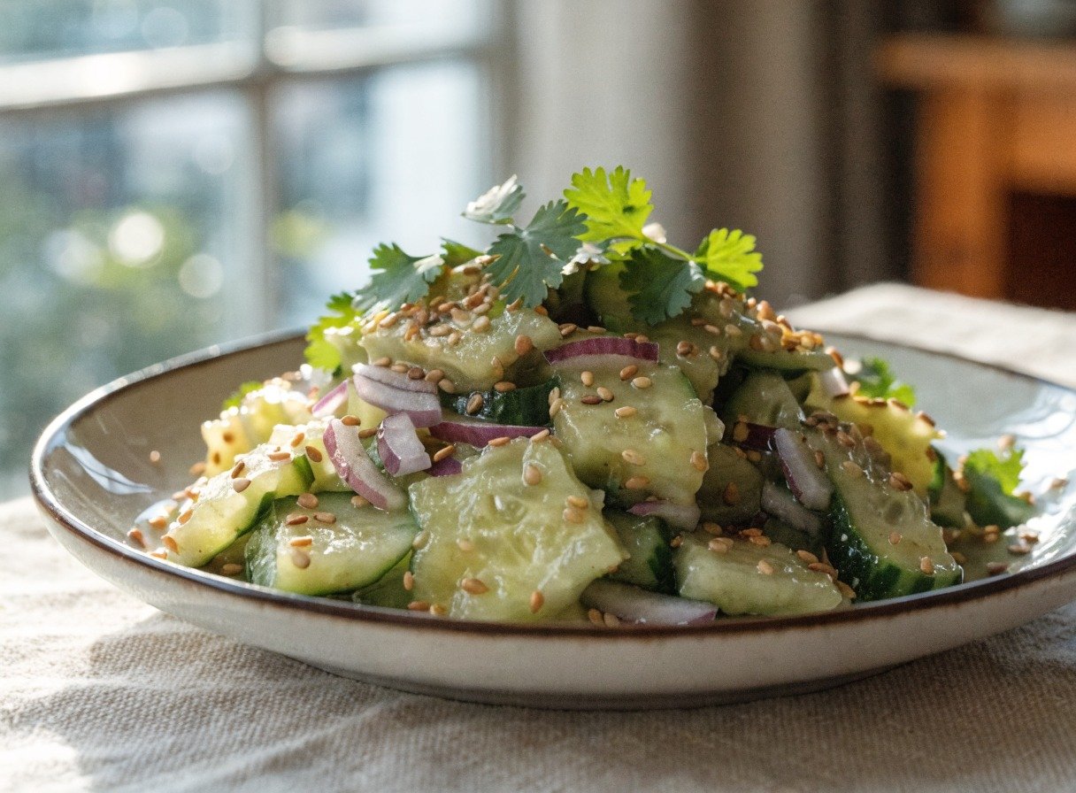 Why do you smash cucumbers in a salad? final dish overhead - Finished plated dish of Why do you smash cucumbers in a salad? garnished with toasted sesame seeds a